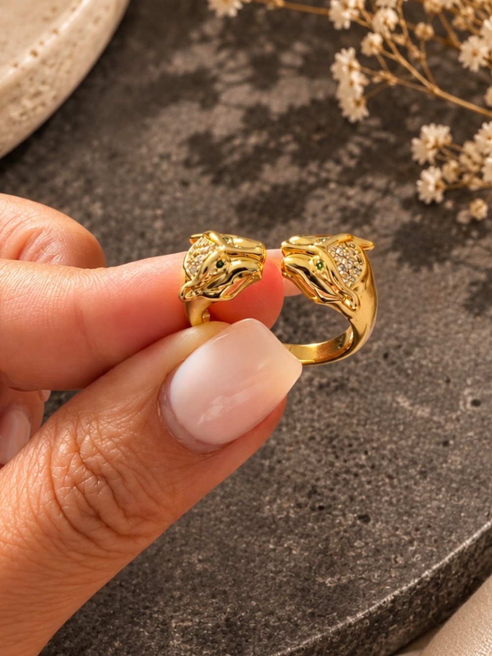 Gold Panther Head Open Ring